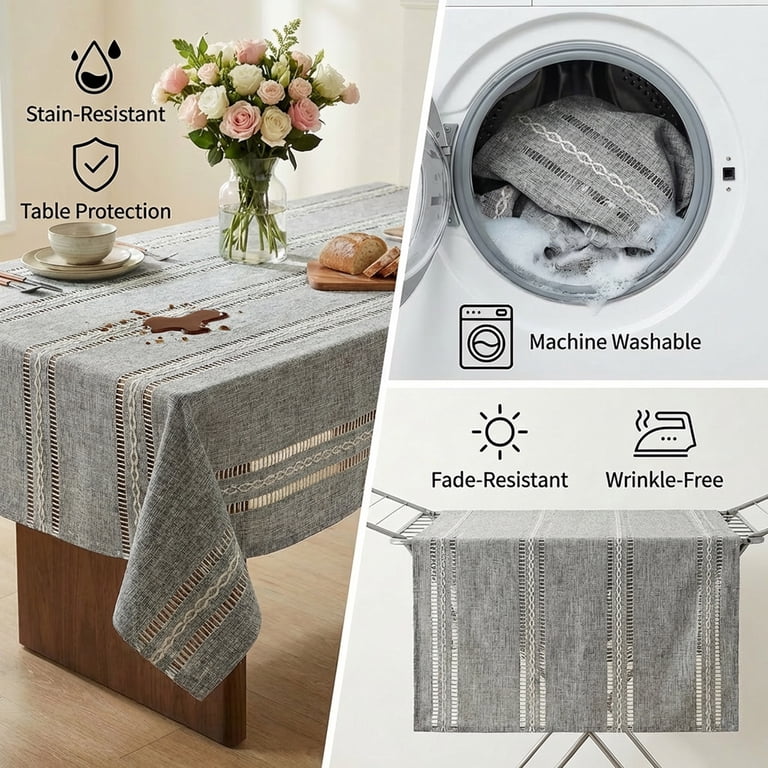 Sm:)e Openwork Linen Tablecloth, Farmhouse, 60x84, Gray photo 3