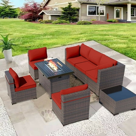 ALAULM 8 Pieces Outdoor Patio Furniture Set with Propane Fire Pit Table Outdoor Sectional Sofa Sets Patio Furniture 43 Gas Fire Pit Brown PE Rattan Patio Conversation Set w/6 Cushions Red