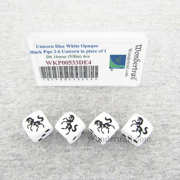 Unicorn Dice White Opaque with Black Pips D6 16mm (5/8in) Set of 4 Wondertrail