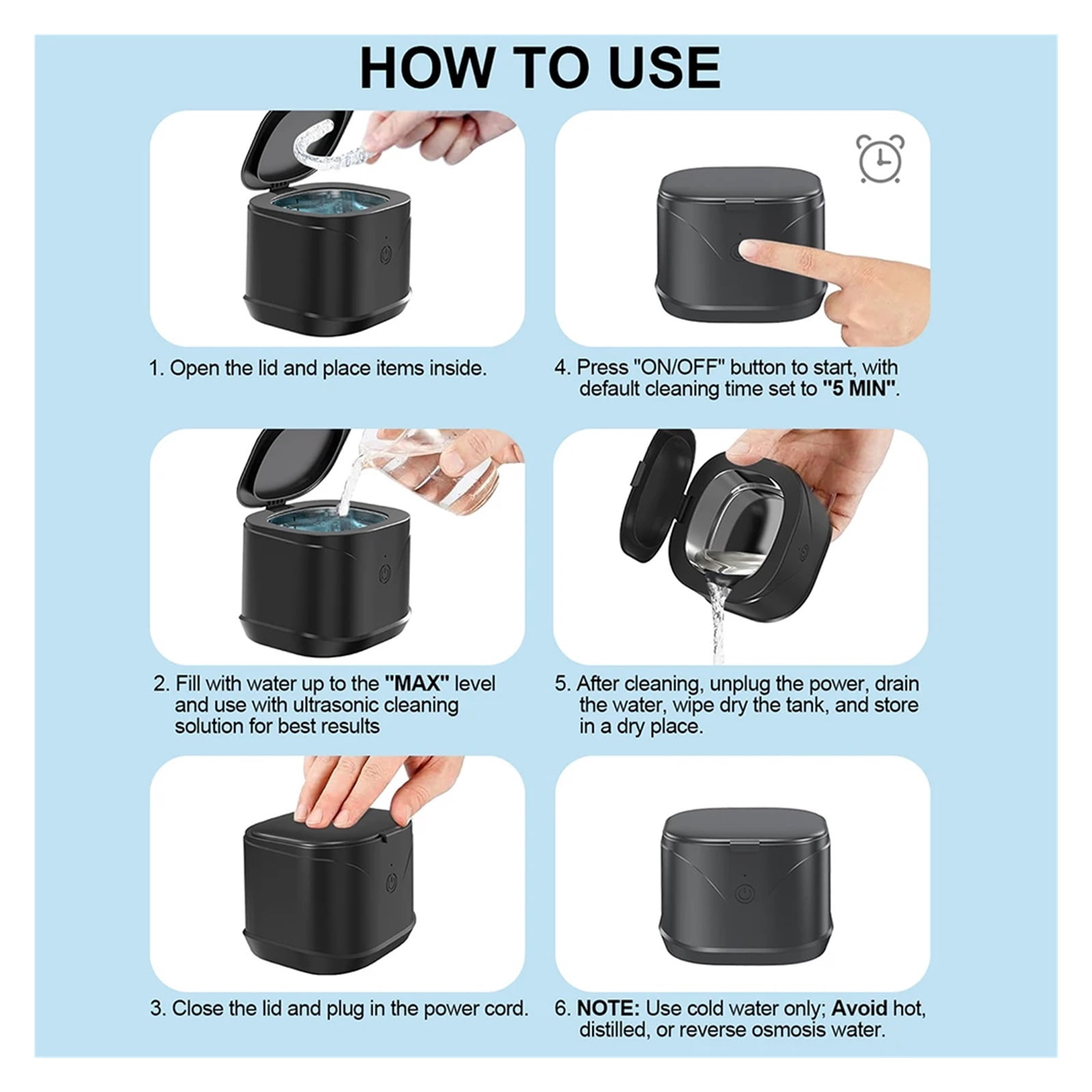 Ultrasonic Cleaner Machine 46000H Portable Ultrasonic Jewellery Cleaner for Retainer Mouth Guard Watch Ring Cleaner Bath