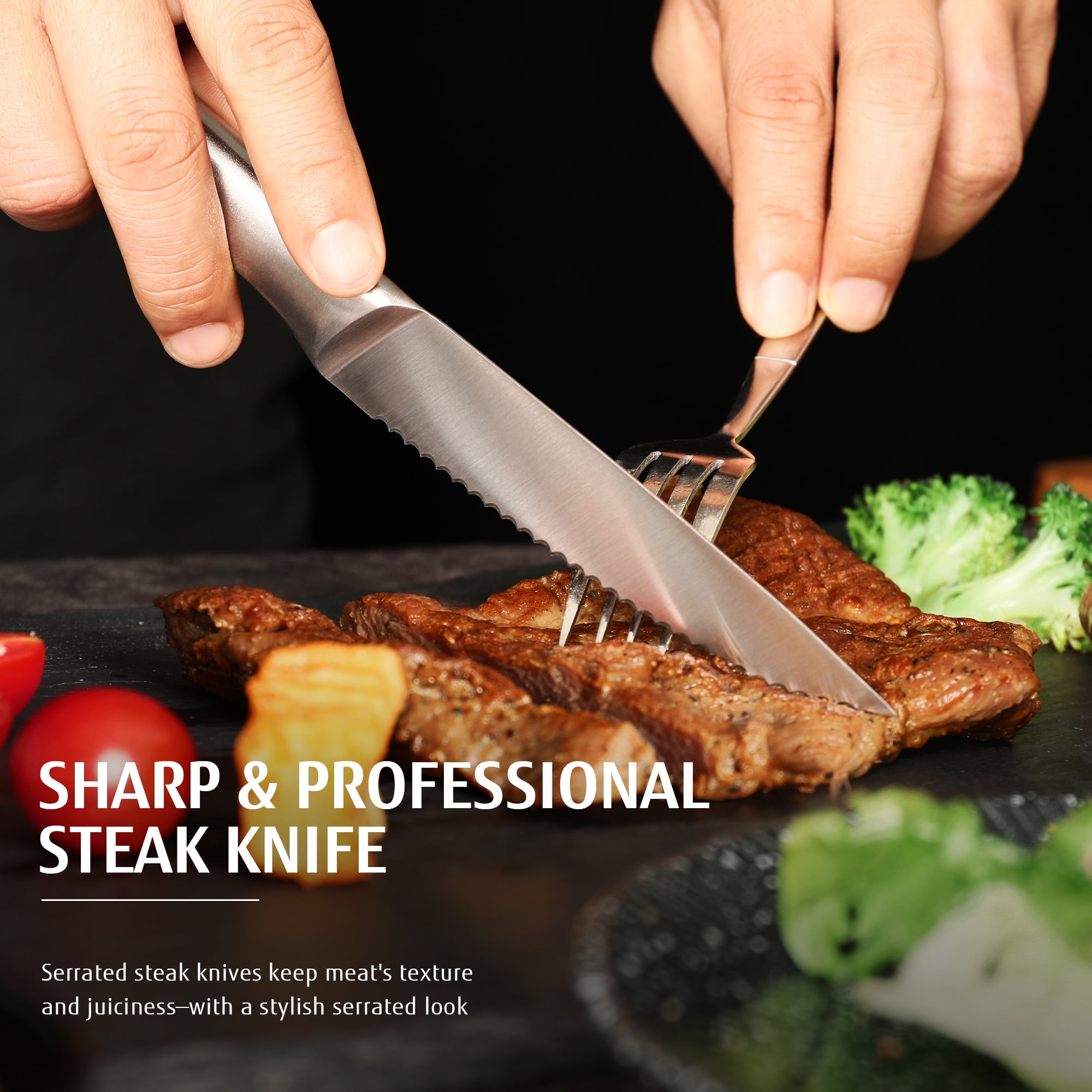 Hecef All-Steel Steak Knife Set of 6, High-Carbon Stainless Steel Serrated Edge Dishwasher safe Knives