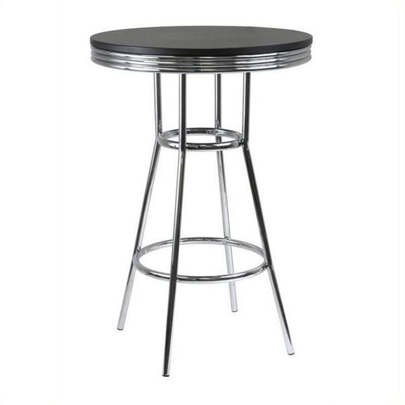 Pemberly Row 40.61"H Round Transitional Metal & Wood Pub Table in Black/Chrome
