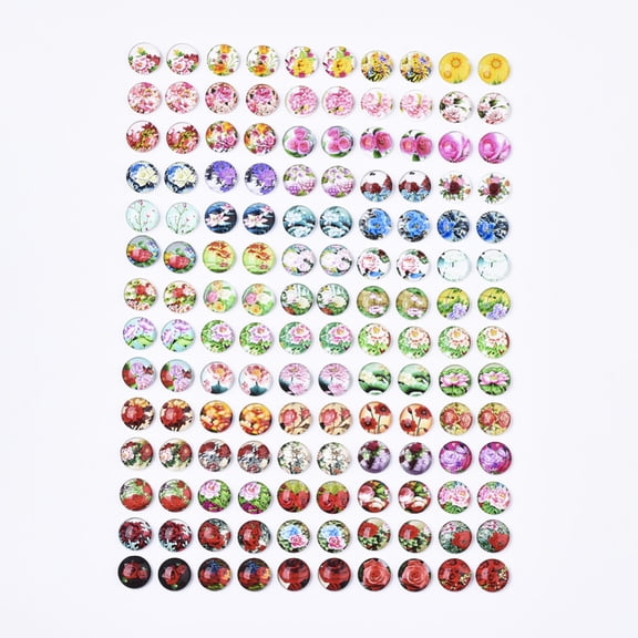 140pc Glass Cabochons with Self-Adhesive for DIY Jewelry Making Half Round Flower Pattern 12x4.5mm