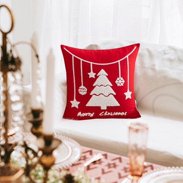 Fiudx Liquidación navideña Funda de almohada navideña con elementos navideños, cojín bordado, decoración navideña, funda de cojín