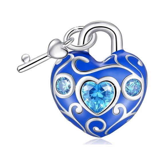 Heart Key Charm European Bead Sterling Silver Blue CZ Ginger Lyne Collection