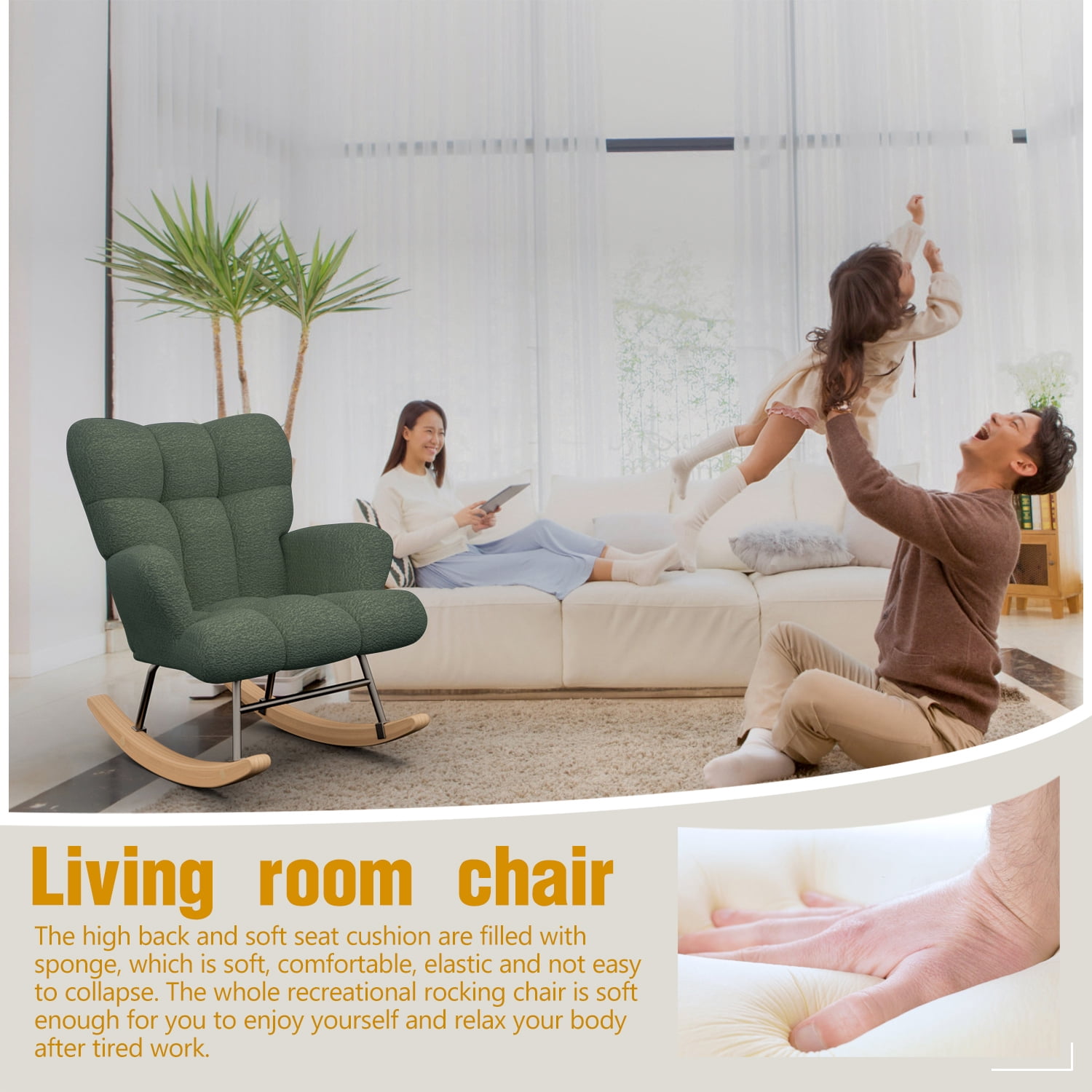 Glider Rocking Chair for Bedroom Chair, Comfy Accent Chair Reading Chair with High Backrest Armchair Teddy Soft Upholstered Living Room Chairs for Nursery Bedroom(Green)