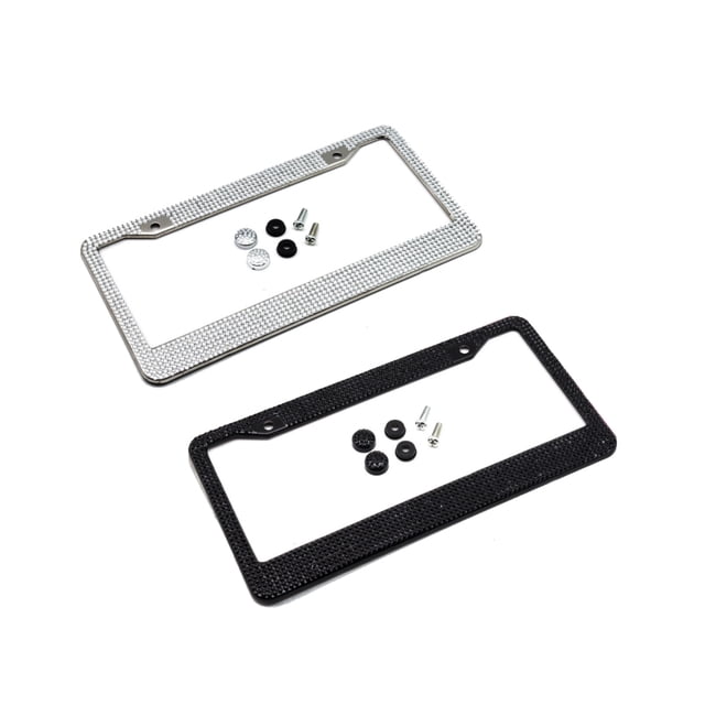 Two PiecesCrystal Rhinestone License Plate ABS Chrome Frame with Crystal Screw Caps - 2 Frame - Black/White