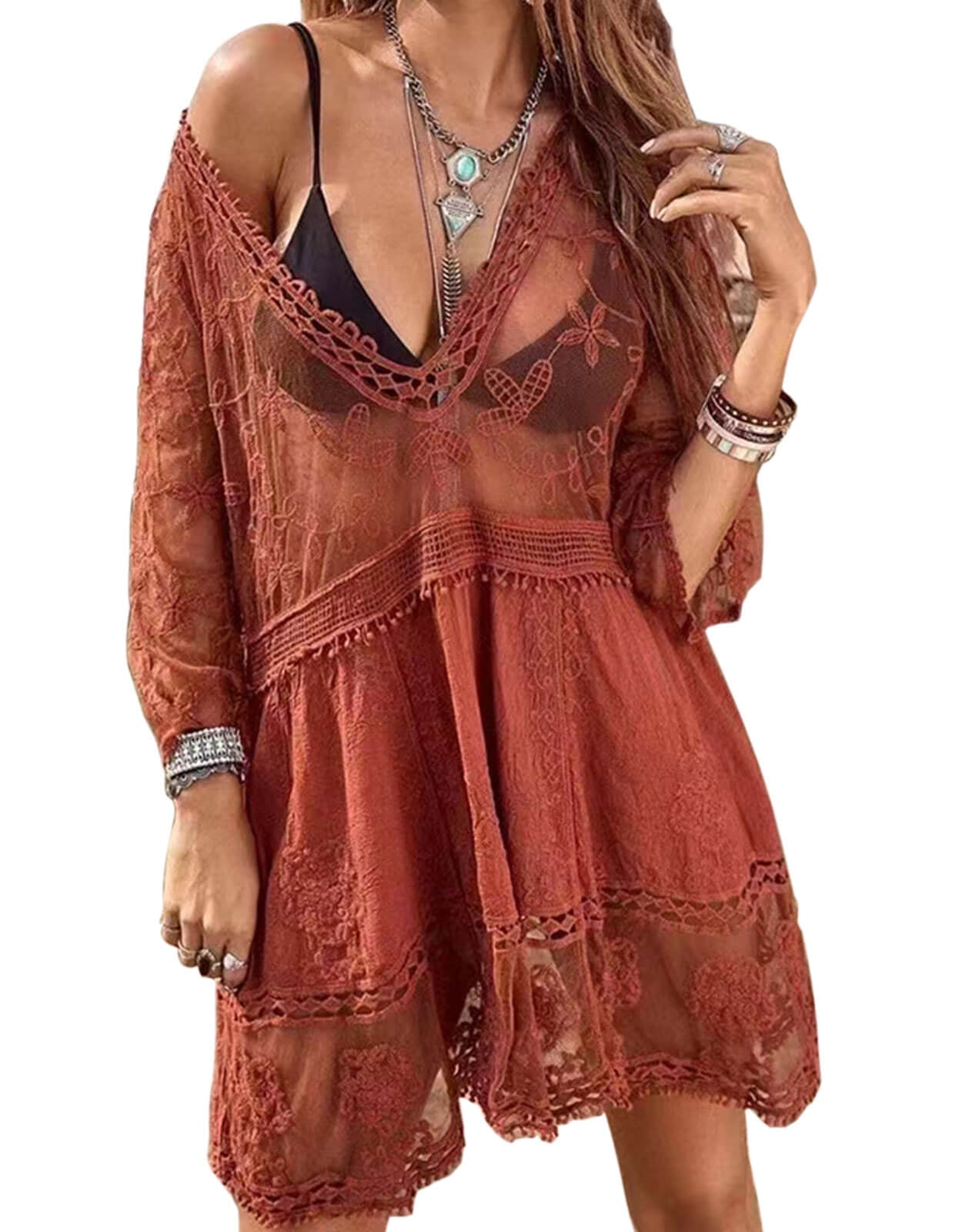 Swimsuit Coverup for Women Lace Stitching Bathing Suit Cover Ups Plus Size Beach Coverup Alsol