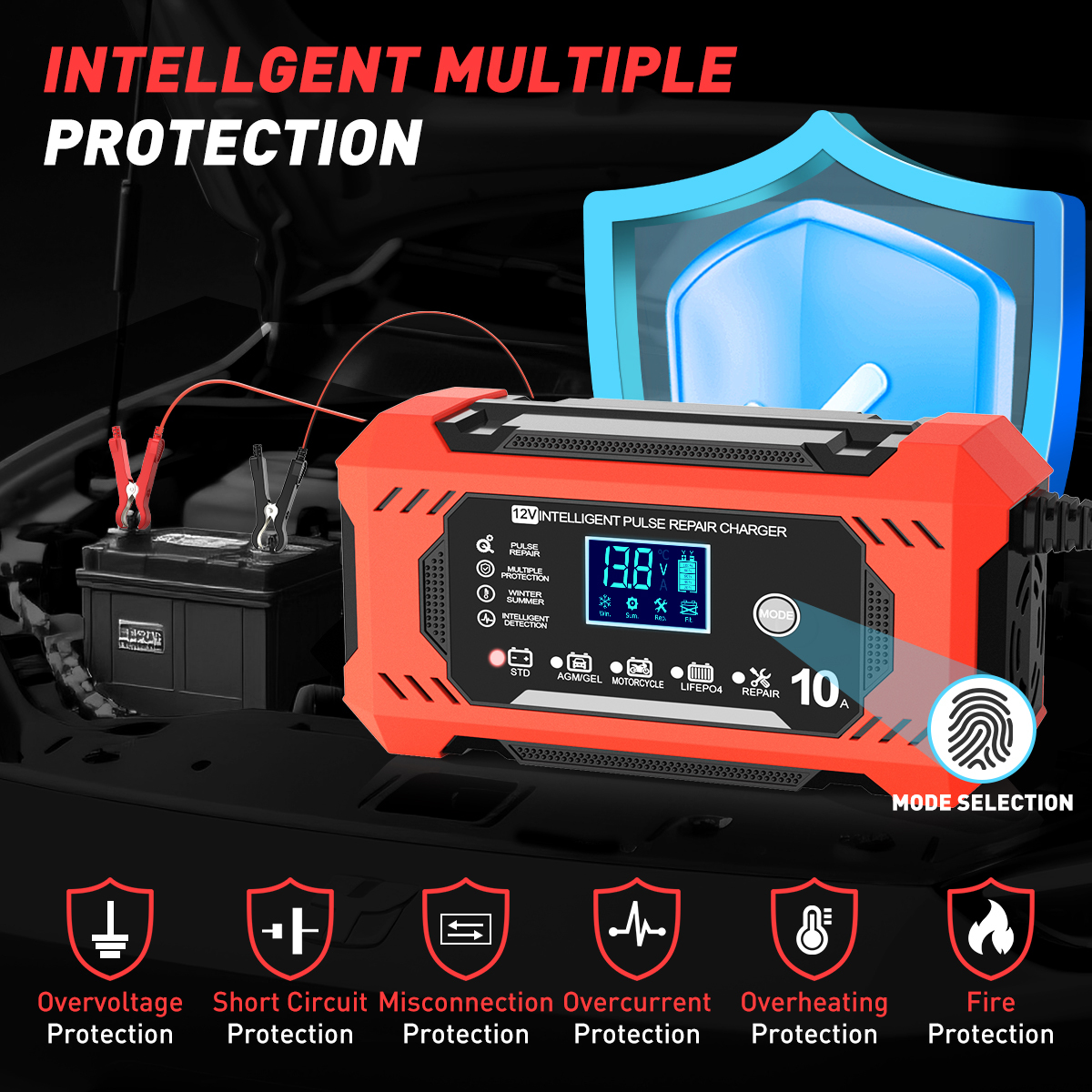 Automatic Battery Charger, 12V/10Amp Battery Maintainer, Smart Car Trickle Charger with Temperature Compensation Auto Stop for Car Truck Motorcycle Lawn Mower Boat Marine Lead Acid Batteries