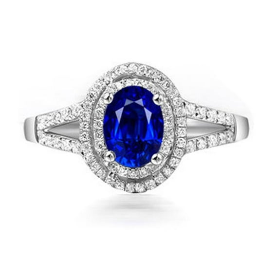 2 Carat 8x6mm Oval Cut Blue Sapphire And Moissanite Diamond Halo Engagement Ring in 10k White Gold