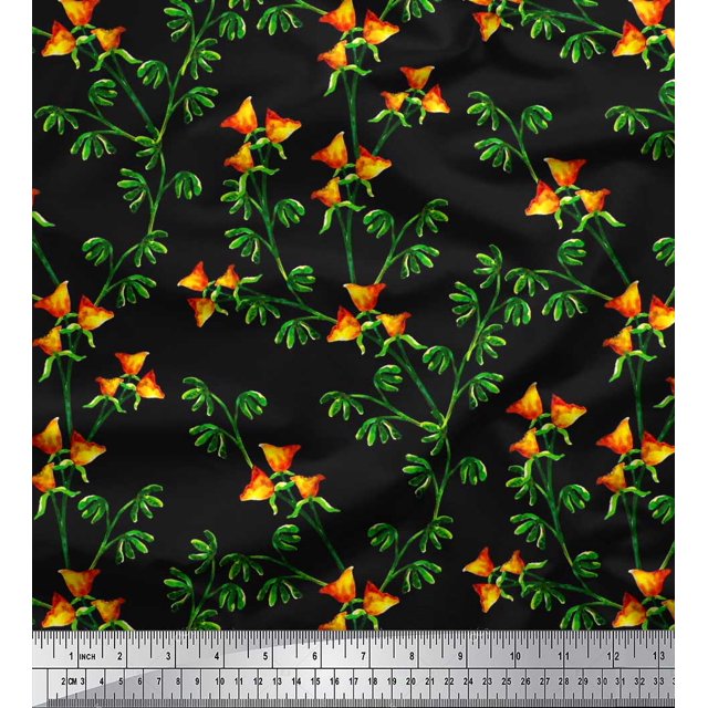 Soimoi Polyester Crepe Fabric Flower & Leaves Watercolor Decor Fabric Printed Yard 52 Inch Wide