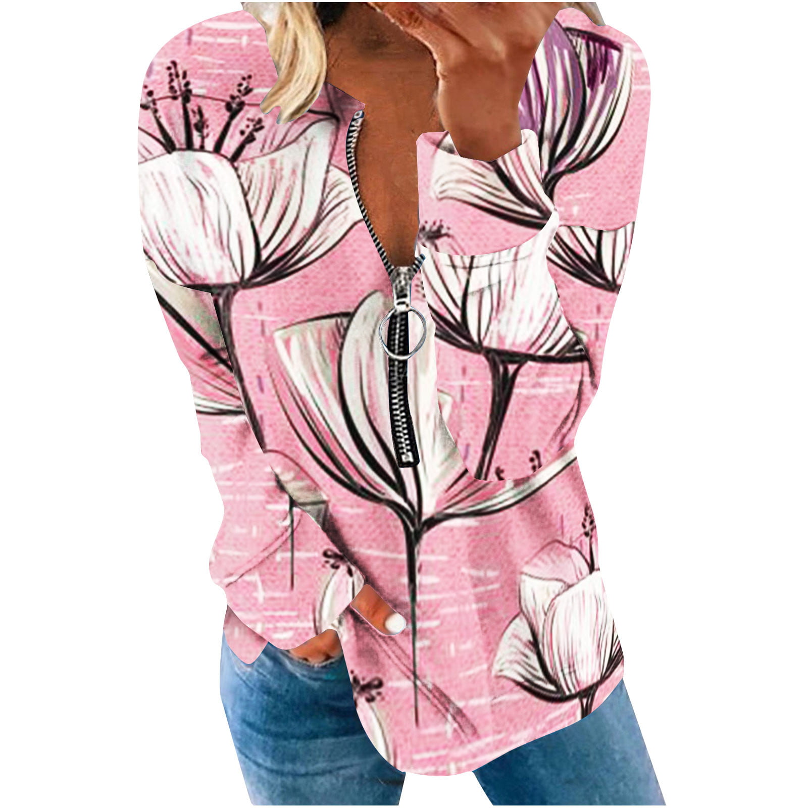 estudio alivio doble Sudadera Gran tamaño para Mujer Estampado Plumas Jersey cremallera Cuello  en V Camisetas de Manga Larga Camisas - Walmart.com