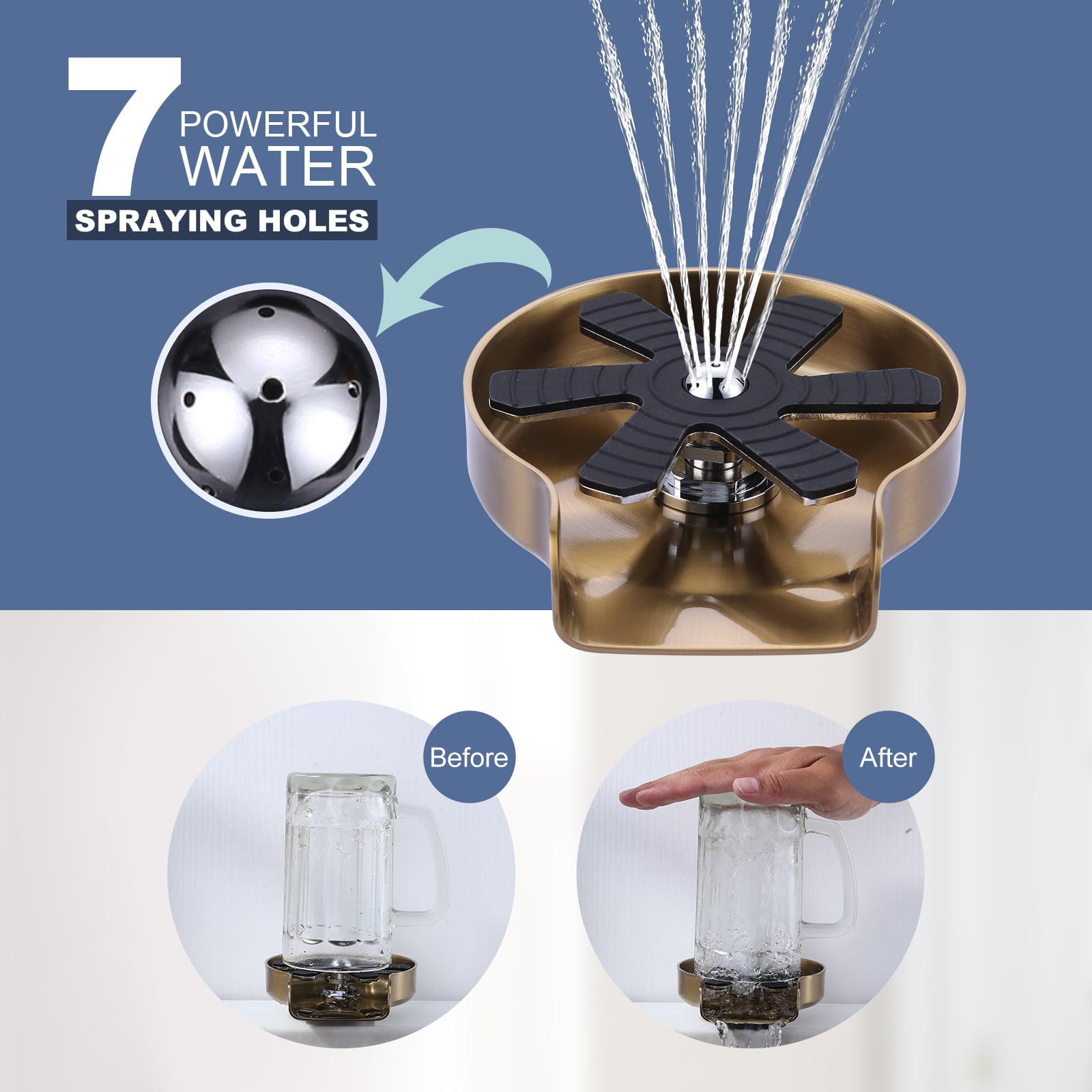 Wowow 6.3 in. Stainless Steel 360° Rotating Baby Bottle Washer High-Pressure Glass Washer in Gold for Bar