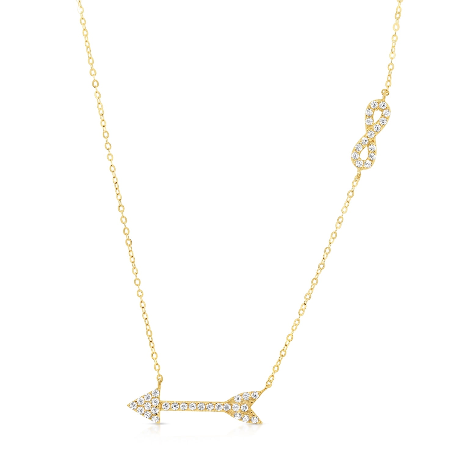Tilo Jewelry 14K Yellow Gold Dainty Arrow & Infinity Pendant Necklace with Cubic Zirconia CZ Stones for Women & Unisex | Adjustable 16 to 18 Inch Cable Chain