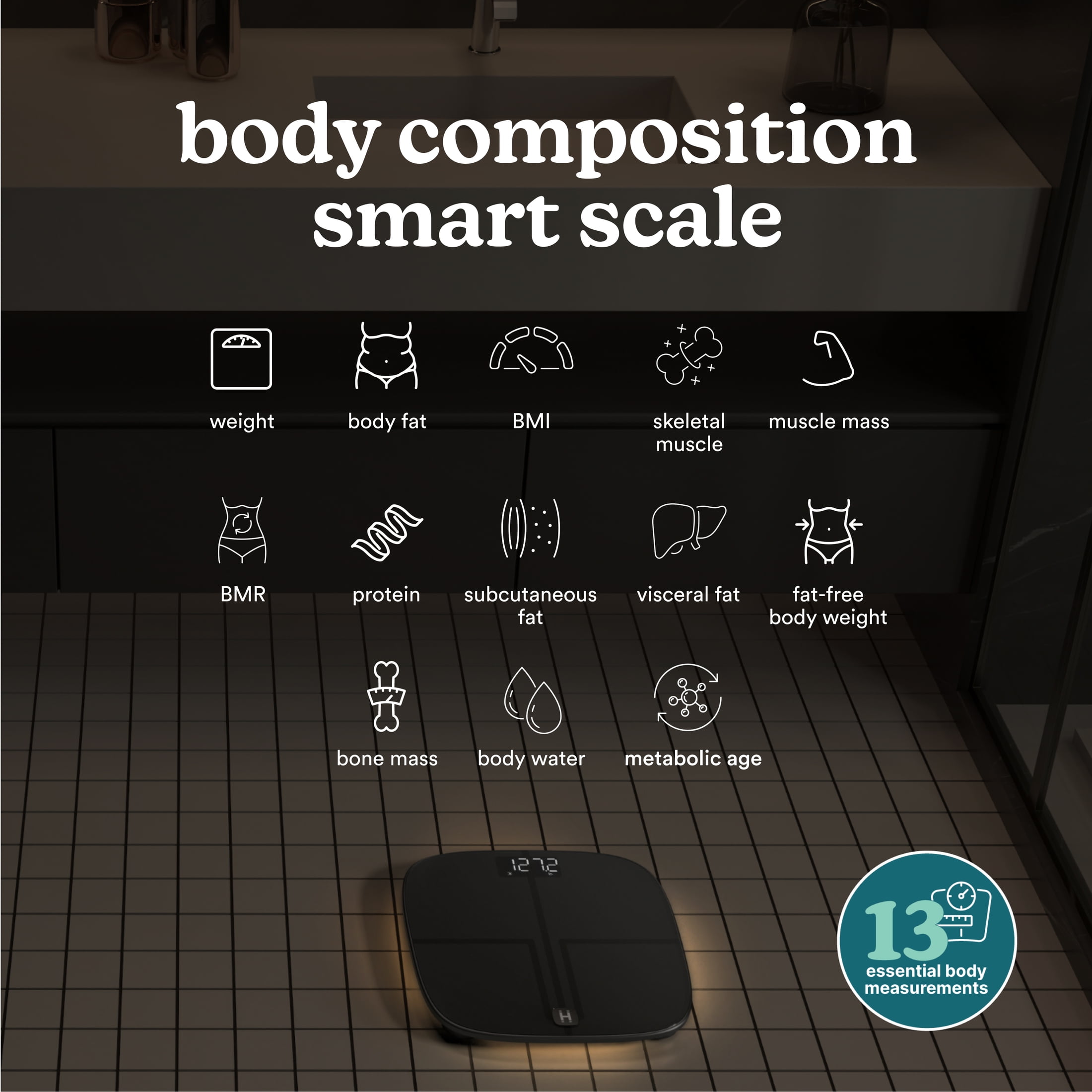 Homedics Luxe Smart Glo, Body Composition Digital Bathroom Scale, Motion-Sensing Ambient Center Illumination, Sleek Tempered Glass, High-Precision Weight Measurement Up to 400 lbs, Sustainable Design