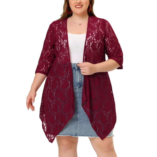 Plus Size Draped Shawls for Women Lightweight Open Front Lace Cardigans Burgundy 2X