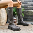 thumbnail image 4 of Fall Mid Calf Combat Boots for Women 2025 Buckles Studded Leather Platform Chunky Cowboy Riding Tall Boots, 4 of 7