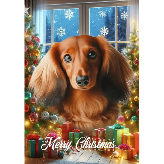 Dachshund  Red Longhaired - Best of Breed  Christmas Garden Flag 12" x 17"