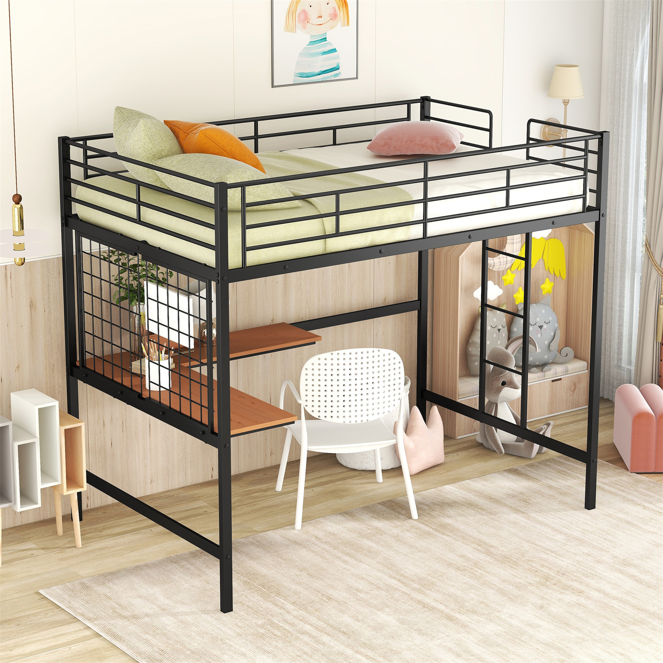 Aukfa Full Size Loft Bed with L shape Desk, Heavy Duty Metal Bed Frame for Teens Adults, Black