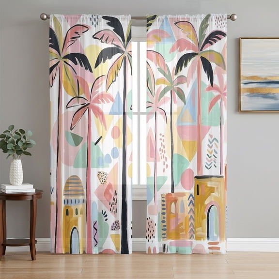 Sheer Curtain Panels Pink Palm Trees Rod Pocket Voile Window Curtains Summer Boho Geometric Buildings Window Treatments Privacy Curtain Drapes for Bedroom Living Room 2 Panel Set 63 Inch