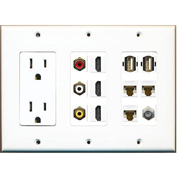 RiteAV - (3 Gang 15A Power Outlet 3 HDMI Coax 3 Cat6 Composite Video 2 USB AA Wall Plate