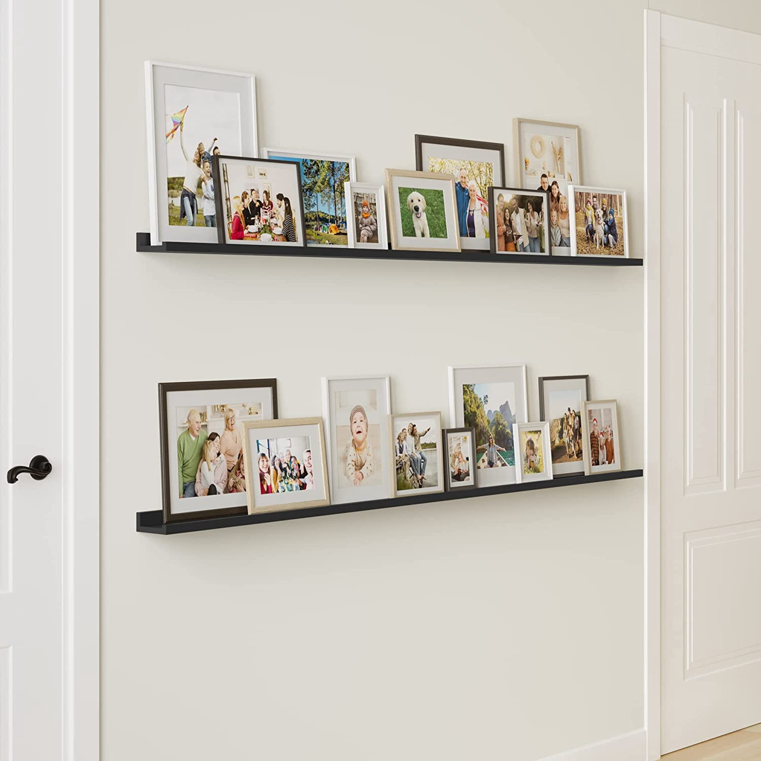Wallniture Denver 72" Floating Shelves for Picture Frames Collage Wall Decor Picture Ledge Living Room, Vinyl Record Holder Black Set of 2