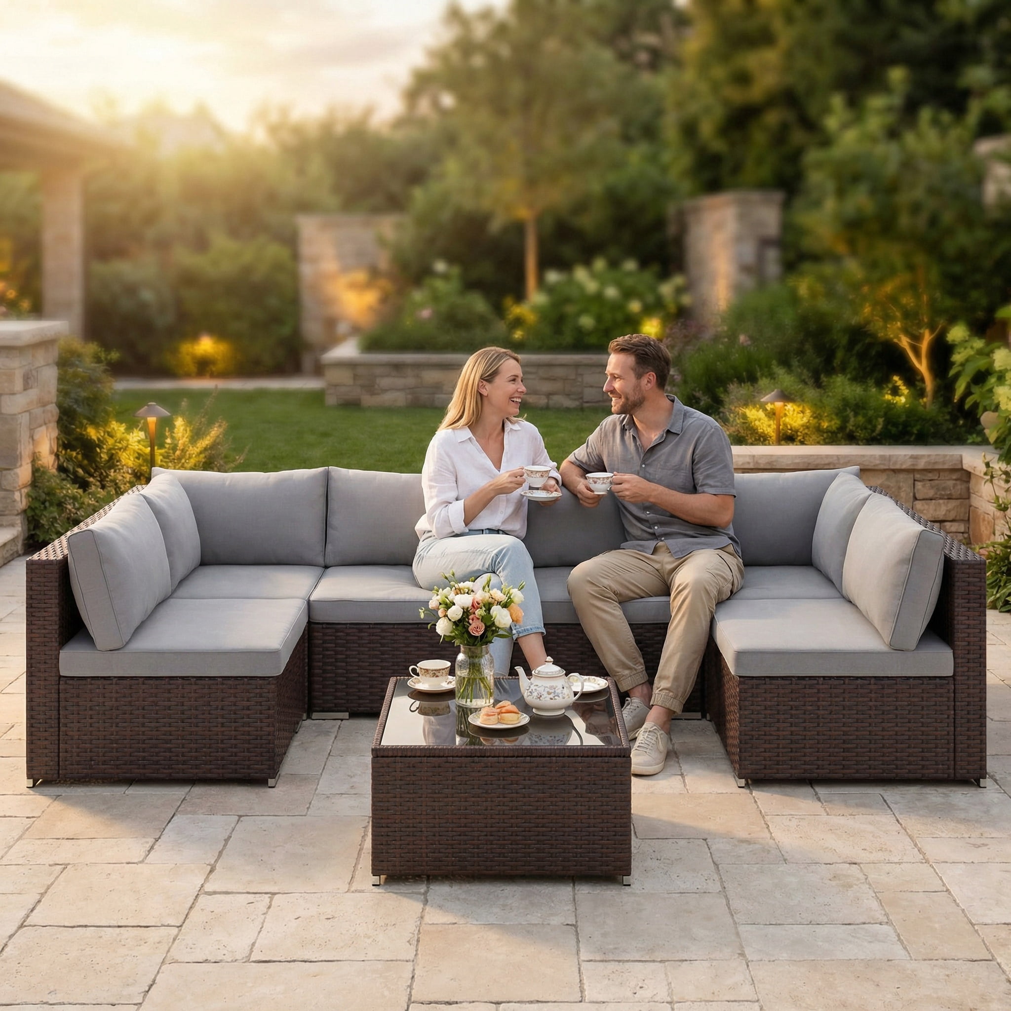Lofka 7-Piece PE Rattan Patio Furniture Set, All-Weather Outdoor Sectional Sofa with Glass Coffee Table & Waterproof Gray Cushions, Modular Wicker Conversation Set for Backyard, Garden, Poolside
