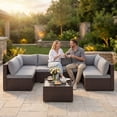 thumbnail image 5 of Lofka 7-Piece PE Rattan Patio Furniture Set, All-Weather Outdoor Sectional Sofa with Glass Coffee Table & Waterproof Gray Cushions, Modular Wicker Conversation Set for Backyard, Garden, Poolside, 5 of 17