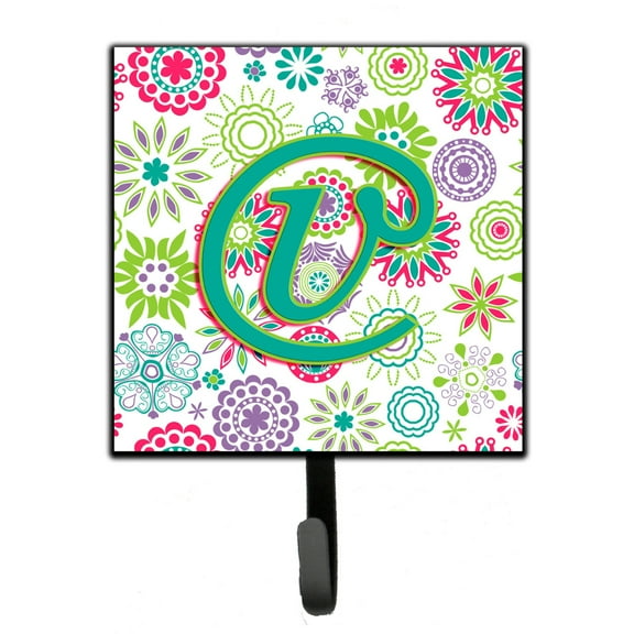 Letter V Flowers Pink Teal Green Initial Leash or Key Holder