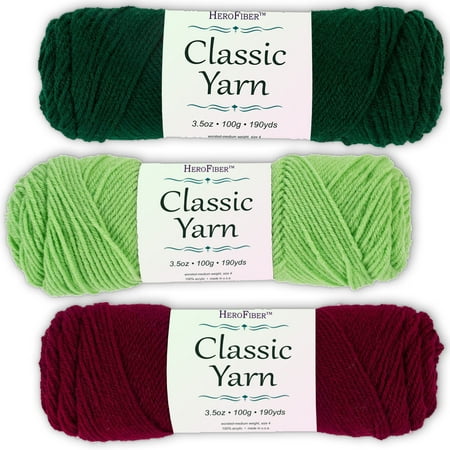 Soft Acrylic Yarn 3-Pack, 3.5oz / ball, Green Forest + Green Lime + Red Cardinal. Great value for knitting, crochet, needlework, arts & crafts projects, gift set for beginners and pros