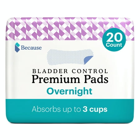 Because Premium Incontinence Pads for Women - Discreet  Individually Wrapped Incontinence Liners - Overnight  20 Pads / Pack 