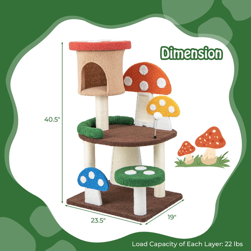 Cat Tower, Cat Tree for Indoor Cats, 4-In-1 Mushroom Cat Tree with Condo Spring Ball and Sisal Posts-Multicolor for Kittens, Elderly Cats, Adult Cats
