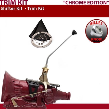 American Shifter TH200 Shifter Kit Chrome 12 in. Trim Kit Push Button Black Boot Billet Knob for F18C8