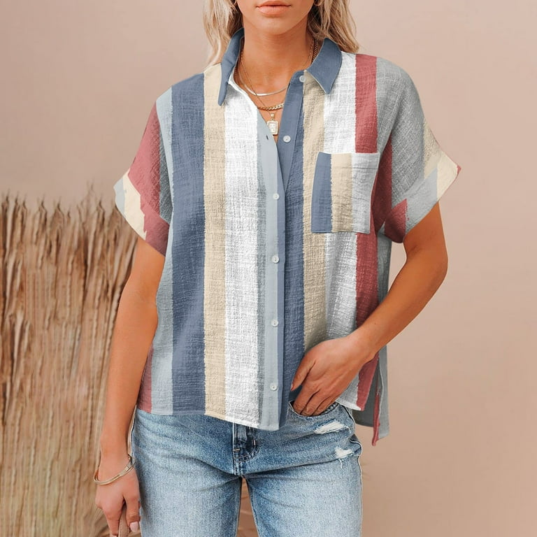 Bazyrey Womens Sleeve S Neck Summer Casual Striped Shirt Cotton Female 2023 Multi-color Blouse Tops Short V Printed Stripe