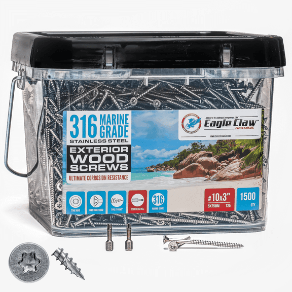 #10 x 3 Inch 316 Marine Grade Stainless Steel Wood Screws 1500 Pack T25 Star Drive Type 17 Point for Docks, Decks, Jetties, Fences or Any Coastal Marine Construction by Eagle Claw Fasteners