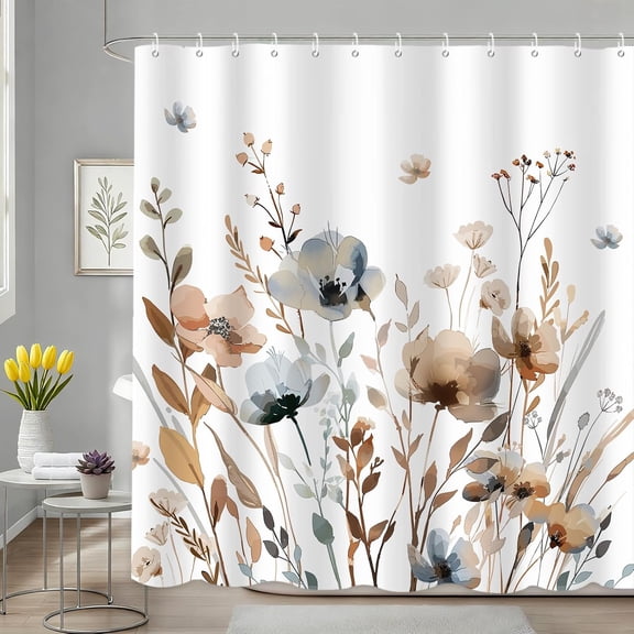 Watercolor Wildflower Shower Curtain Neutral Floral Fabric Bath Curtain for Bathroom Boho Botanical Plant Decor 71x71 inches