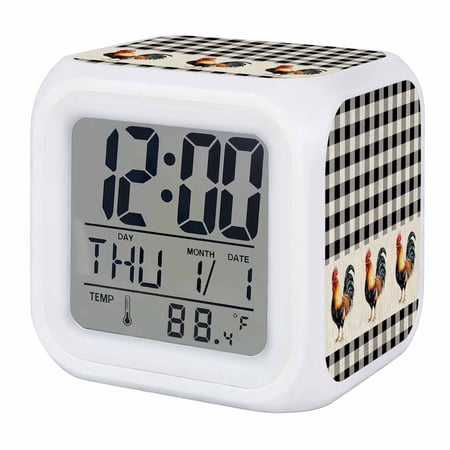 Black White Plaid Rooster Digital Alarm Clock for Bedrooms,Smart LED Alarm Clock with 7 Color Night Light,Vintage Farmhouse Checkered Rustic Silent Wake Up Clocks for Sleep Study Cooking 3.2x3.2