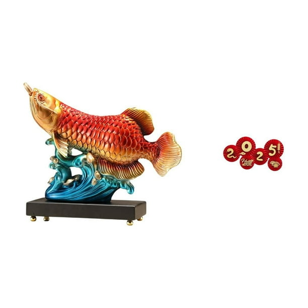 Figura decorativa de resina de arowana, símbolo de prosperidad, para la entrada, sala de estar o decoración del hogar. Incluye de papel pa