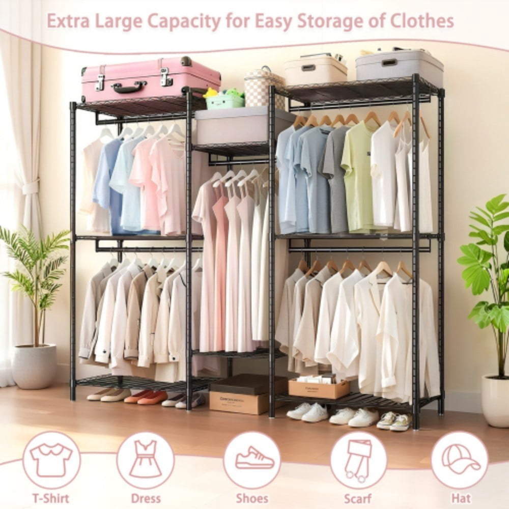Heavy Duty Garment Rack, Freestanding Closet Organizer with 8 Adjustable Wire Shelves & 5 Clothes Rails, Portable Wardrobe Storage Rack, Black