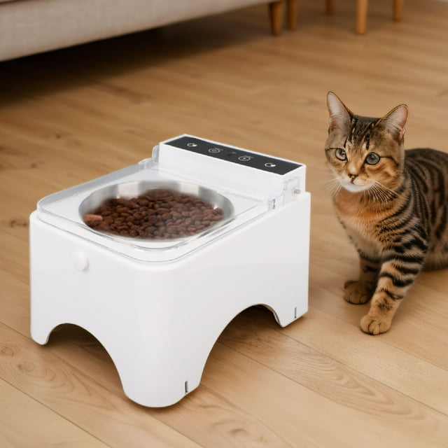 Automatic Cat Feeder with Intelligent Sensing, Automatic Cat Food Dispenser with Freshness Preservation, Cat Feeder Bowl with Transparent Lid for Home Indoor