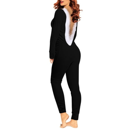 

Rovga Women Sleepwear Solid V Neck Long Sleeve Open Back Furry Adult Pajamas Jumpsuit Bodysuit Playsuit Romper Pajamas For Women
