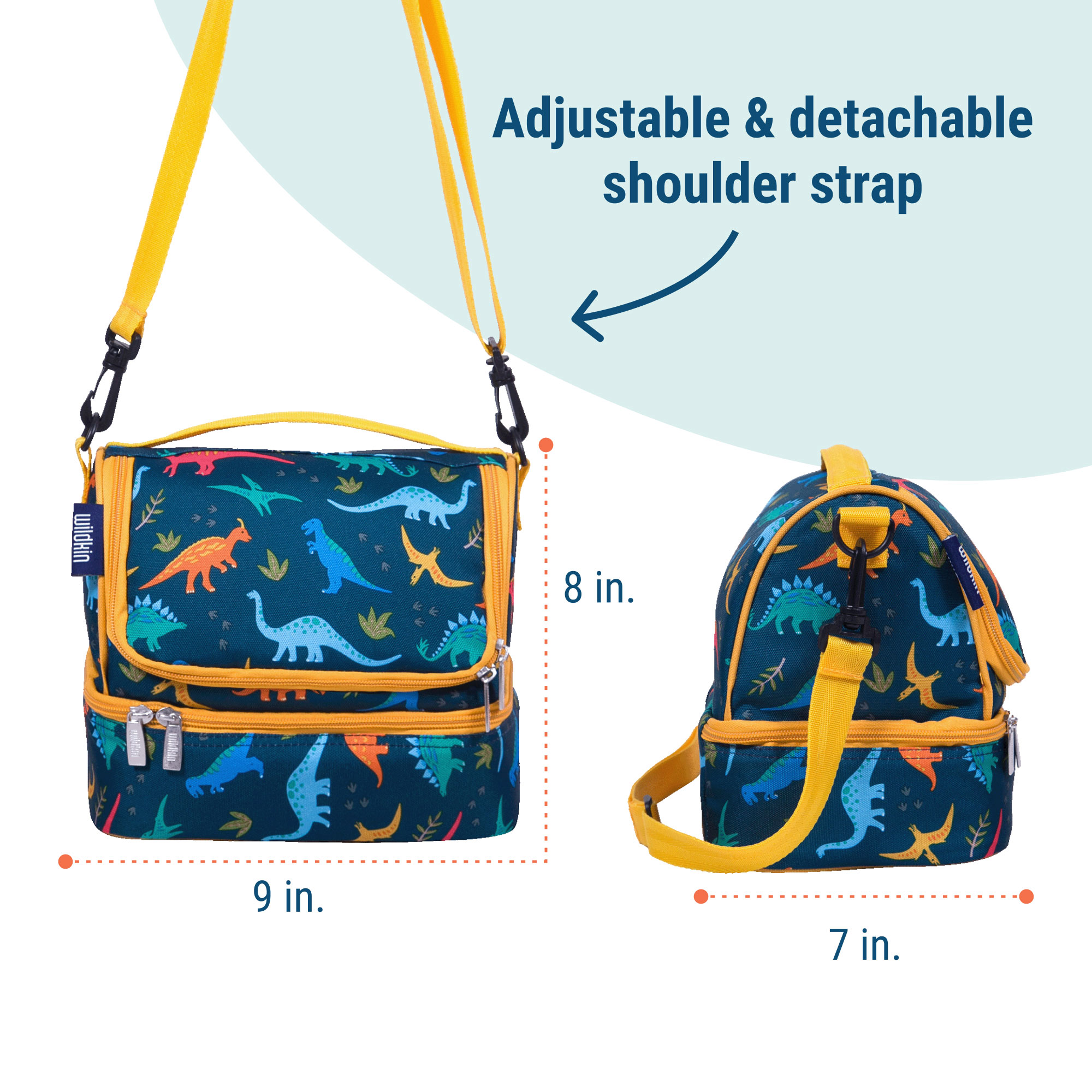 Wildkin Two Compartment Insulated Reusable Kids Lunch Bag for Boys & Girls, BPA Free, Includes Shoulder Strap (Jurassic Dinosaurs Blue)
