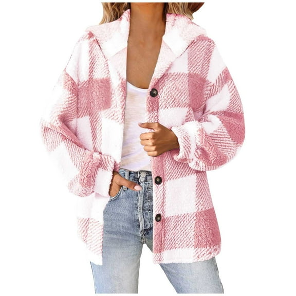 Arlun Sherpa Hooded Jacket for Women Fuzzy Winter Coats Fashion Plaid Button down Shacket Casual Warm Loose Soft Comfortable Teddy Coat Long Sleeve Outwear 2025 Red XL