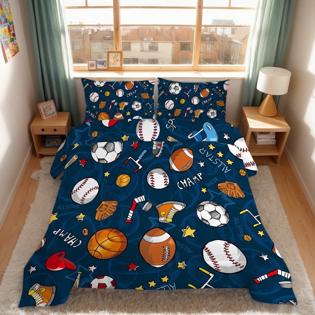 Queen Sports Comforter Set Navy Ball Bedding Sets for Boys Girls Kids Teen 3D Soccer Basketball Baseball Football Design 5Pcs Bed in A Bag