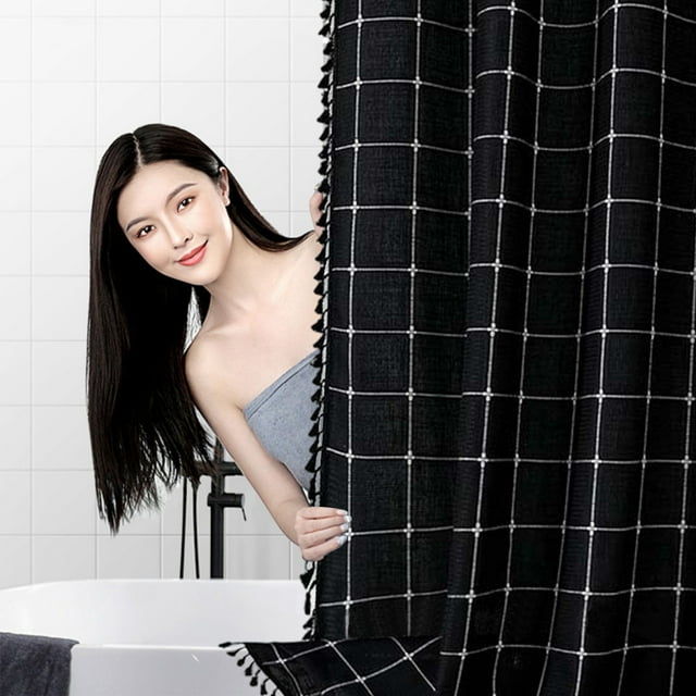 TIMIFIS Rideau de Douche Bohème Style Ferme, Rideau de Douche en Lin à Rayures Robustes avec Pompon, Déperlant, Doublure de Rideau de Douche en Tissu Style Bohème Vintage Campagnard