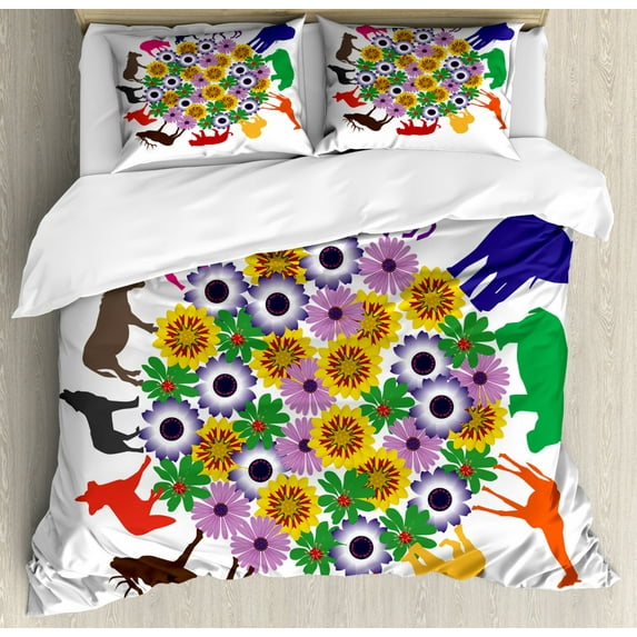 Silhouette Duvet Cover Set Queen Size, Flower Arrangement with Wild Desert Forest Animals Elephant Deer Giraffe Wolf, Decorative 3 Piece Bedding Set with 2 Pillow Shams, Multicolor, by Ambesonne