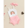thumbnail image 3 of Suealasg Baby Girl 3Pcs Summer Outfits Sleeveless Rainbow Print Romper + Ruffle Shorts + Headband Set 3 6 12 18 Months Infant Newborn Girl Clothes, 3 of 7
