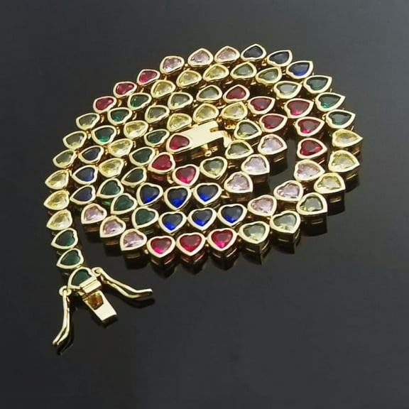 4mm Rainbow Heart Tennis Necklace Bracelet/Multi Color Gemstones Choker/14K Gold/White Gold/Eternity Riviera Bling CZ CollarJewelry/Gift Box