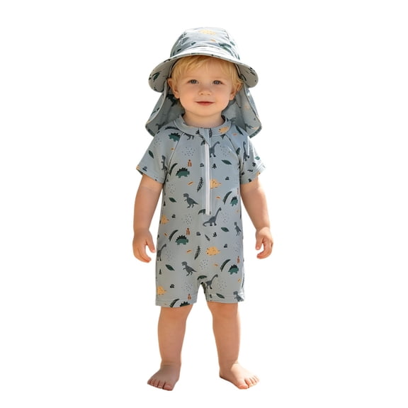 XAOFW Summer Boy's Swimwear Long Sleeve Zip Front Rash Guard Swimsuits With Colorful Dinosaur Print For Toddler Stylish Swim Wear 12-18 Months