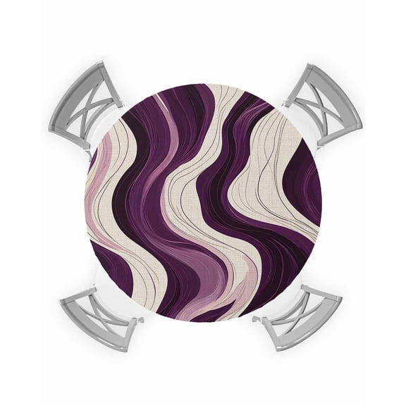 nqOlkjepod Geometric Purple Round Tablecloth, Fitted Table Cover with Elastic for 36"-44" Round Tables, Vintage White Stripe Coastal Sea Wave Table Cloth Outdoor Dinning Party Waterproof Tablecloths